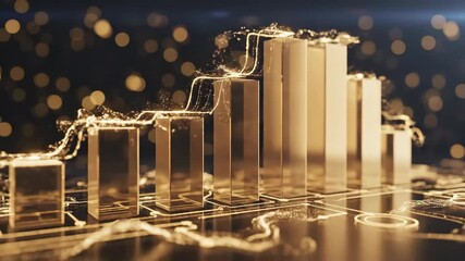 Shimmering golden bar chart illustration depicts upward financial growth and abstract digital data flow against a dark background. - Powered by Adobe