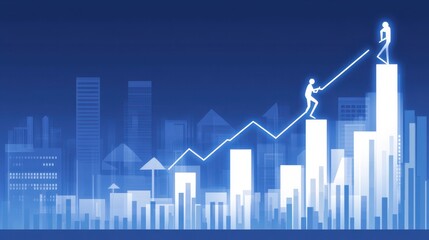 Two figures climbing a graph representing success and growth in a blue urban landscape with skyscrapers and data visualization