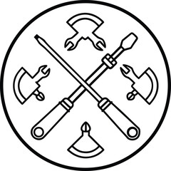 Flat lay illustration of classic hand tools line art