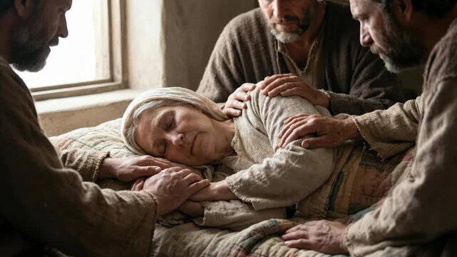 Men tending to an ailing woman, offering comfort and care by her bedside. Religious compassion and healing.