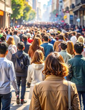 Crowded street with people walking in the same direction; city background