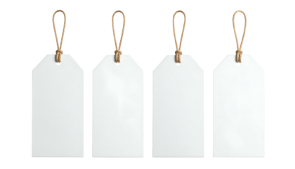Four blank, rectangular tags with knotted twine loops, isolated on a black background