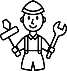 Handyman character holding multiple tools line art illustration