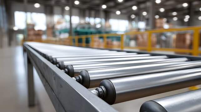 A close up perspective of a clean modern roller conveyor system inside a busy industrial warehouse emphasizing logistics and automation