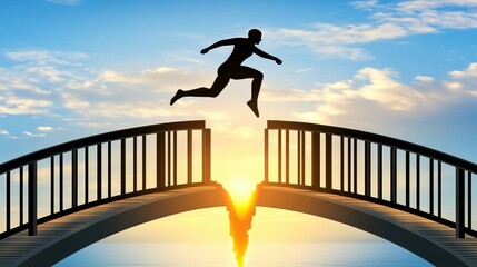 Silhouette of a Person Jumping Across a Bridge During Sunset with Dramatic Sky and Water Reflection