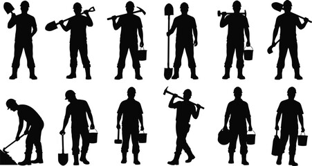 Construction worker silhouettes set holding shovels hammers buckets tools, laborer poses for building maintenance industry, black vector illustration © Creatives Hossain