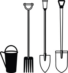 Gardening tools bundle with shovel rake hoe line art illustration