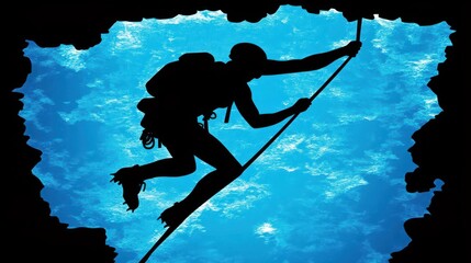 Adventurous Climber Navigating a Vertical Rock Face Against a Beautiful Blue Ocean Background