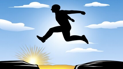 Silhouette of a Person Jumping Over a Gap with Bright Sky and Sunlight Background in a Motivational Scene