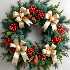 Christmas wreath made of naturalistic looking pine branches decorated with gold bows red berries and spices