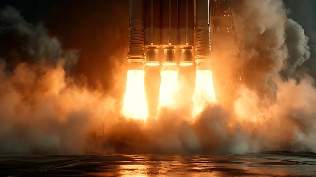 Dramatic view of a rocket launch, flames and smoke billowing, illuminating the sky