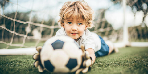 Young child with blonde hair and blue eyes wearing goalkeeper gloves, diving for a soccer ball on a green field