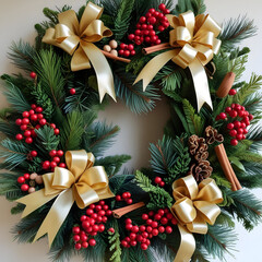 Christmas wreath made of naturalistic looking pine branches decorated with gold bows red berries and spices