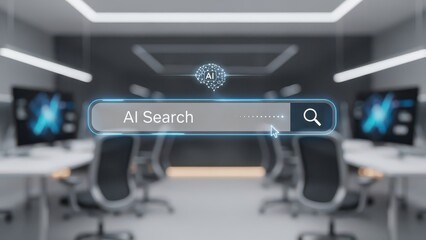 AI Search bar with futuristic brain icon in a modern, intelligent office setting. Concept of artificial intelligence, machine learning, technology, innovation, and digital transformation.