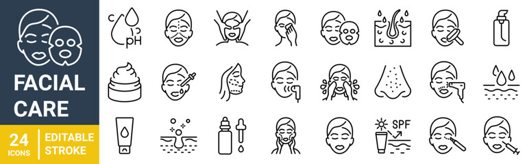 Facial care web line icons set. Skin care, injection, facial mask