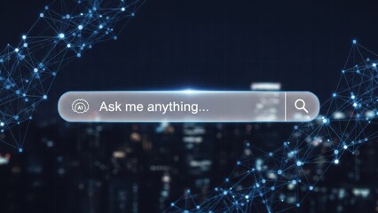 Artificial Intelligence (AI) Chatbot Search Bar with 'Ask me anything...' text, symbolizing advanced digital interaction, machine learning, and future technology on a connected network background.