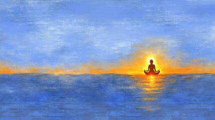 Serenity in Meditation at Dawn over Calm Ocean Waters with Gentle Waves and Warm Sunrise Colors