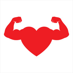 A vibrant red heart symbol featuring strong muscular biceps representing cardiovascular health and strength