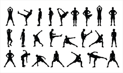An extensive assortment of active human silhouettes demonstrating different fitness stretches and exercise forms