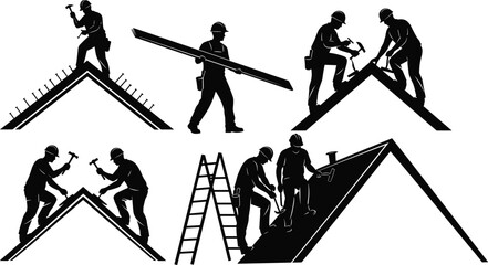 Roof construction workers silhouettes installing shingles teamwork roofing repair industry safety ladder tools black vector illustration isolated white background concept © Creatives Hossain
