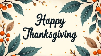 Contemporary Thanksgiving holiday graphic with airy teal foliage and scattered orange berries, stylish script Happy Thanksgiving, clean white space, social-friendly composition