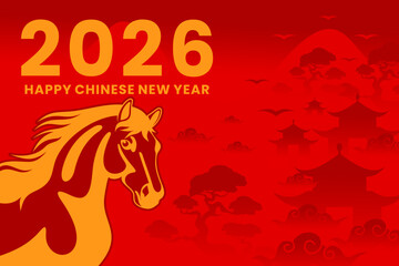 Chinese new year background illustration with fire horse and mountain atmosphere, Happy Chinese new year vector design.