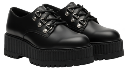 Black leather platform shoes with silver eyelets and black laces on a black background footwear