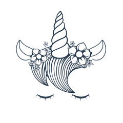 a unicorn with a spiral horn, flowers and closed eyes