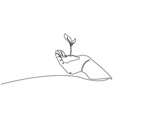 Continuous line drawing of hand holding growing sprout. Single line illustration of human seedling. Nature eco friendly concept. Editable outline