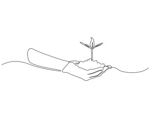 Continuous line drawing of hand holding growing sprout. Single line illustration of human seedling. Nature eco friendly concept. Editable outline