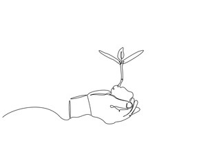 Continuous line drawing of hand holding growing sprout. Single line illustration of human seedling. Nature eco friendly concept. Editable outline