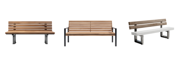 Three park benches with wooden slats and metal frames shown from different angles isolated on a transparent background