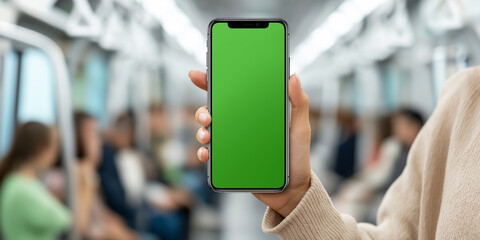 Hand holding smartphone with green screen mockup in public transport, showing app display, digital content, mobility