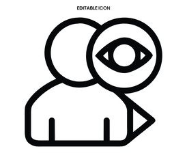 A black and white line icon depicting a person viewed through a magnifying glass focused on the eye