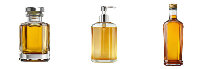 Three amber liquid filled glass containers with metallic caps and dispensers isolated on a transparent background