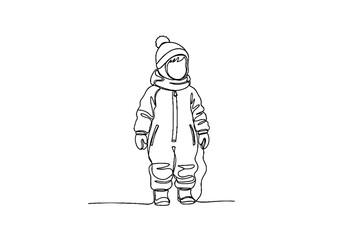 Child wearing snowsuit and hat standing in winter landscape  