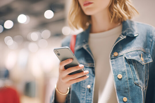 A woman in a denim jacket is holding a smartphone while standing in a brightly lit retail store.