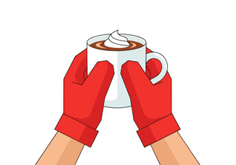 Person holding cup of hot cocoa with whipped cream in red gloves  