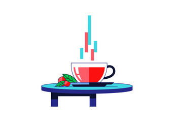 Colorful cup of herbal tea with steam on wooden table  