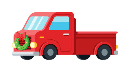 Red pickup truck with Christmas wreath decoration  