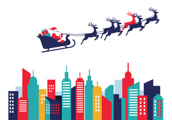 Santa flying in sleigh with reindeer over colorful city skyline  