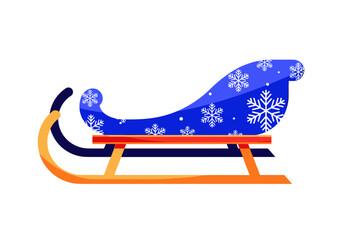 Wooden sled with blue snowflake pattern on white background  