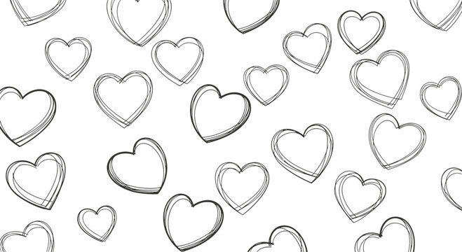 A romantic seamless pattern of hand-drawn, scribbled black and white hearts of various sizes on a white background.