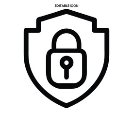 A simple black line icon depicting a shield with a padlock inside symbolizing security