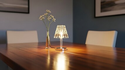 A crystal-like table lamp and a vase of flowers create a warm glow on a wooden table