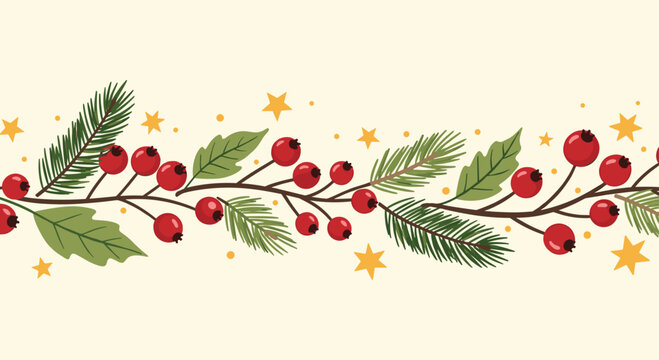 Festive Christmas or winter seamless border with red holly berries, pine branches, leaves, and golden stars on a light background.