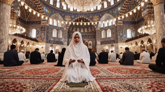 A woman in white kneels on a prayer mat within an ornate mosque its walls adorned with blue and gold patterns alongside many other seated worshippers