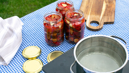 Jars of strawberry compote glisten under summer's embrace, capturing solstice magic and celebrating the quaint charm of Pickle Day
