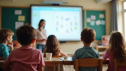 Children Watch Teacher Presenting Interactive Lesson on Screen