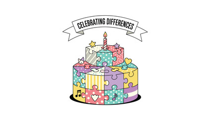 Obraz premium A colorful vector graphic illustration of a puzzle cake celebrating differences with a banner